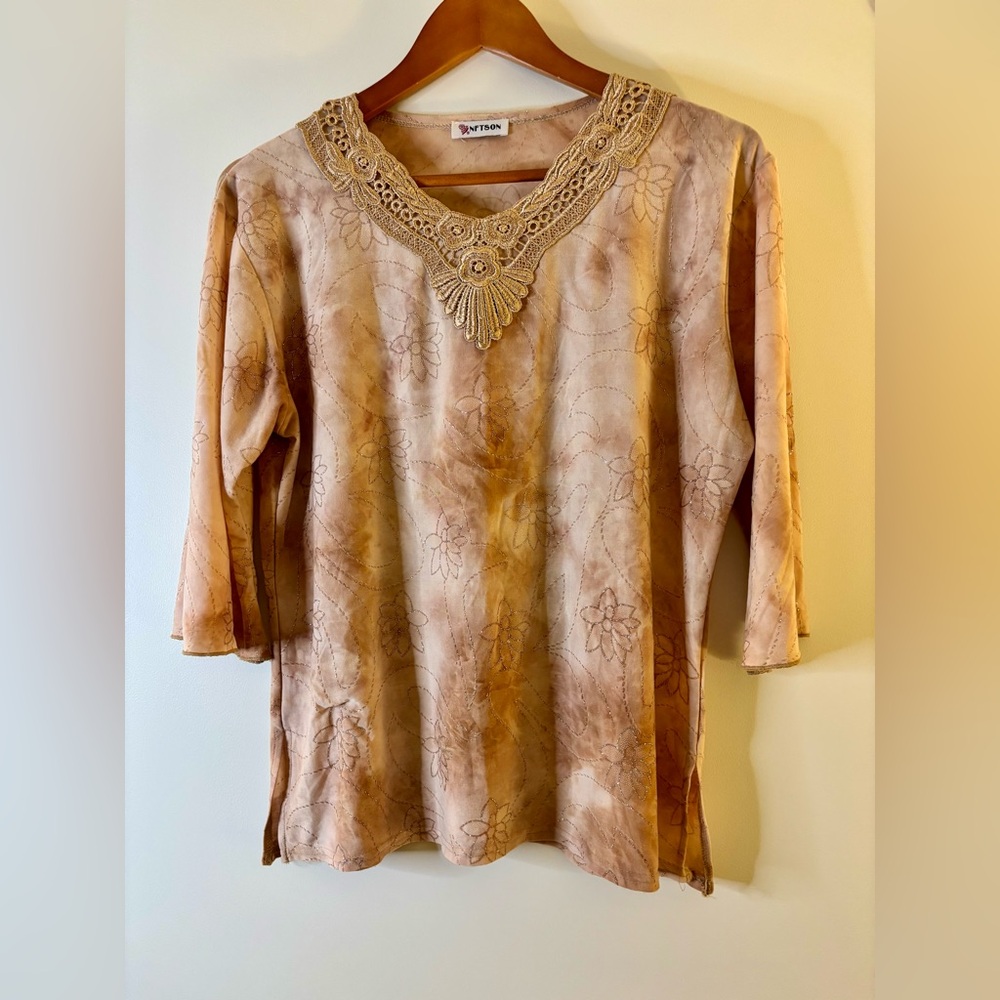 Women's Tan Top with Embroidered Neckline